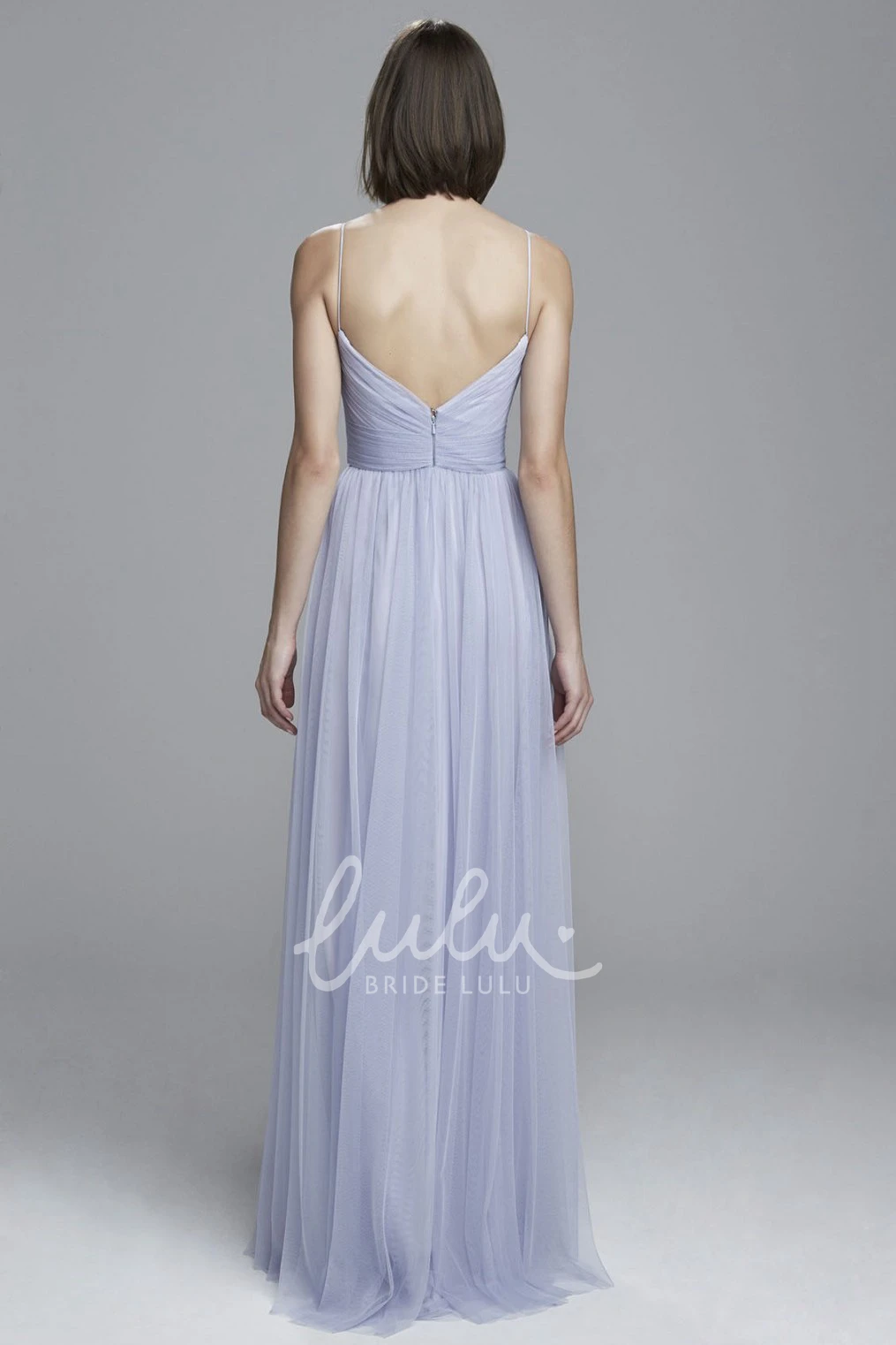 Spaghetti Tulle Bridesmaid Dress with V-Back Pleats and Floor-Length Design