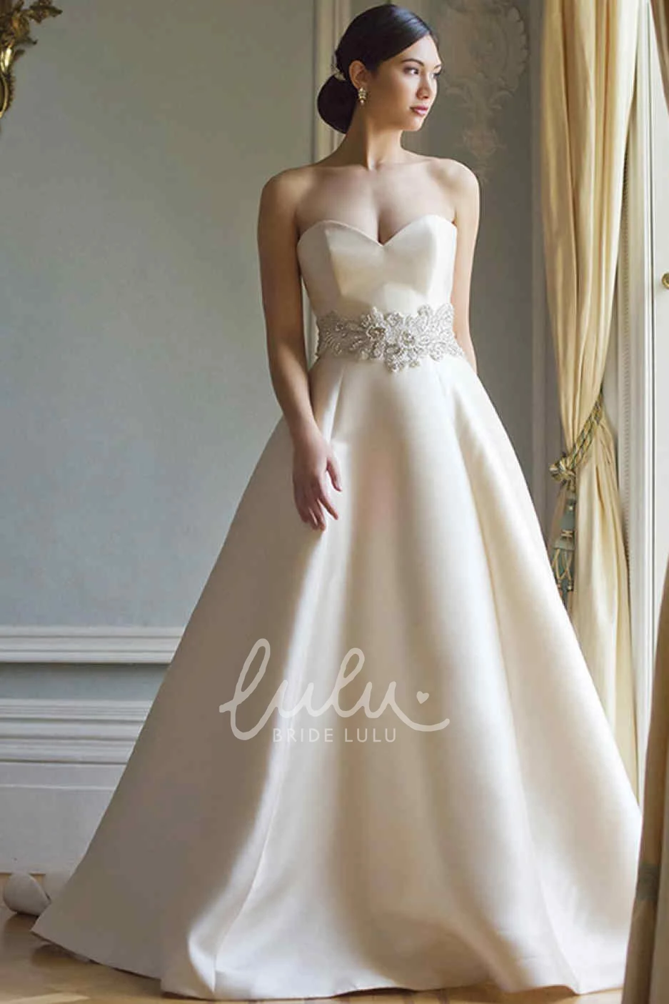 Satin A-Line Wedding Dress Sweetheart Floor-Length Waist Jewellery