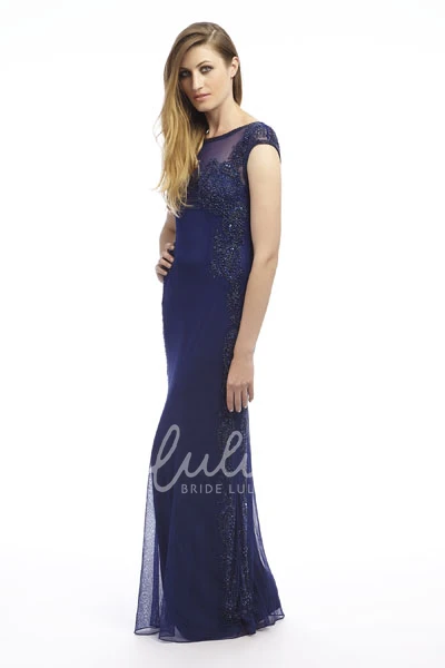 Long Cap-Sleeve Tulle&Satin Prom Dress Sheath Style with Beaded Bateau-Neck