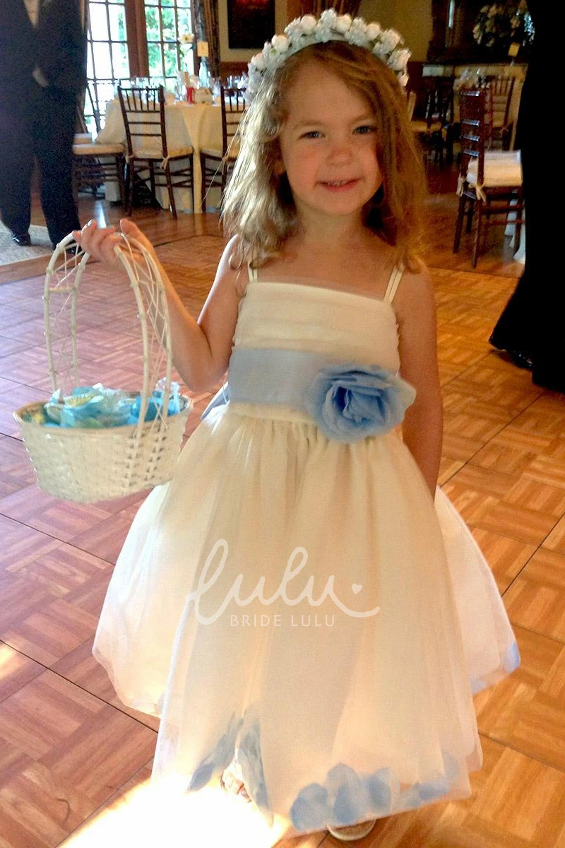 Spaghetti Tea-Length Tiered Tulle Flower Girl Dress with Petal Sleeves Unique Spaghetti Strap Tiered Flower Girl Dress