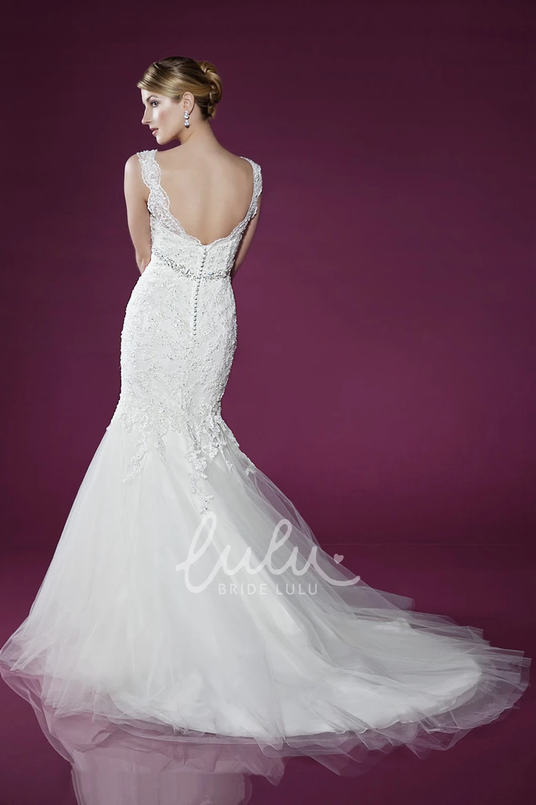 V-Neck Lace&Tulle Wedding Dress with Appliques and Pleats