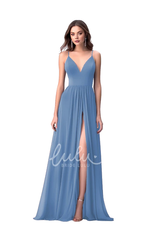 A-Line Chiffon Romantic V-neck Bridesmaid Dress with Split Front Modern Wedding Dress