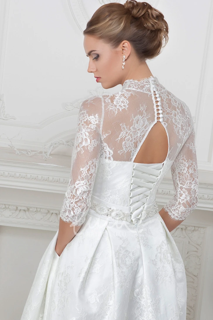 Long Sleeve Lace Wedding Dress with High Neckline and Corset Back Elegant Wedding Dress