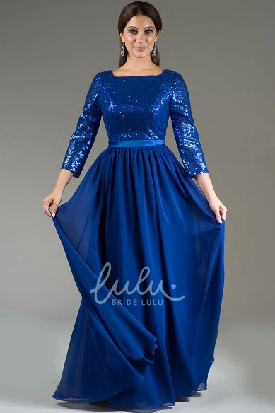 Sequin Chiffon Mother Of The Bride Dress with Square Neck & Satin Sash