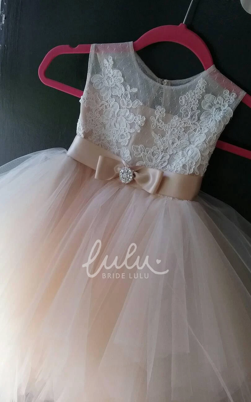 Tulle Tea-length Dress with Bow Sash Ribbon for Wedding