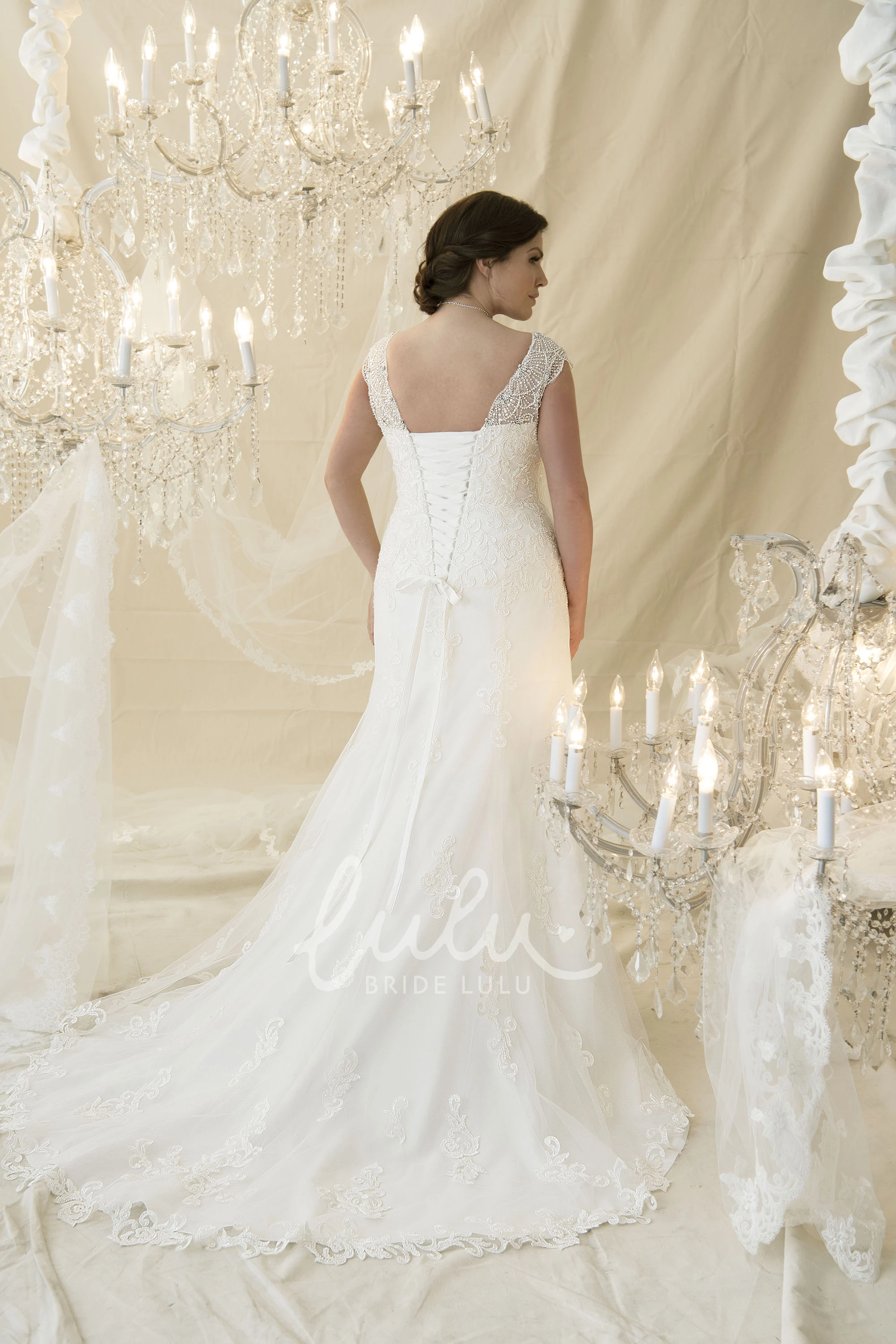 Trumpet Cap-Sleeve Beaded V-Neck Lace Plus Size Wedding Dress with Corset Back Elegant Lace Wedding Dress