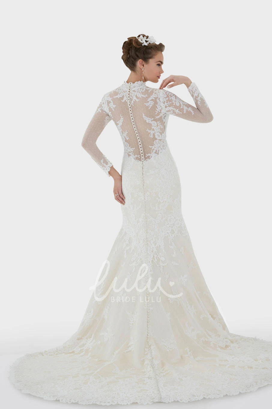 Long-Sleeve High Neck Mermaid Wedding Dress with Lace Illusion