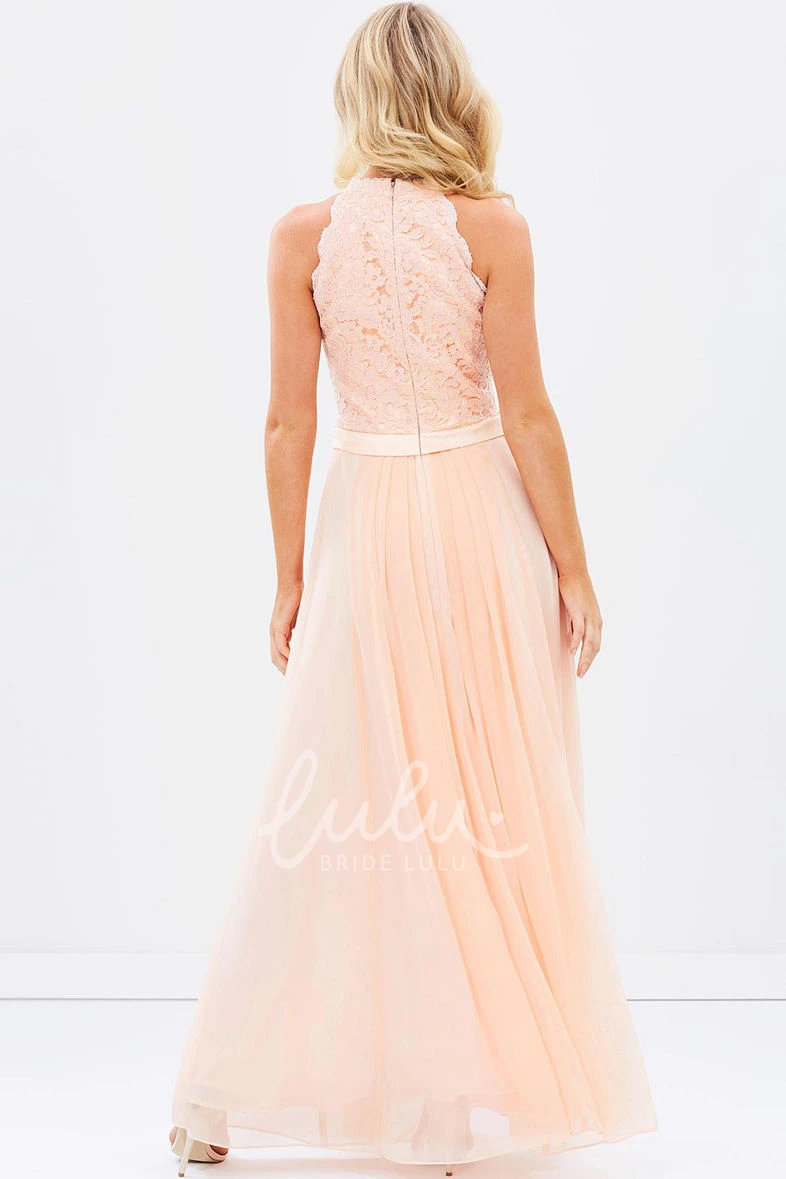Chiffon Appliqued Bridesmaid Dress with Scoop Neck and Ribbon Sleeveless
