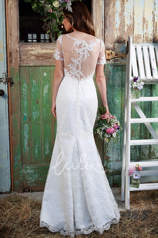 Illusion Appliques Lace Wedding Dress with Short-Sleeve Bateau-Neck Sheath