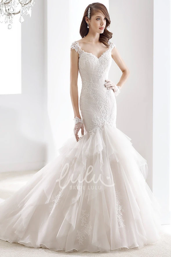 Sheath Wedding Dress with Cap Sleeves and Tier Ruching Train Sweetheart Style