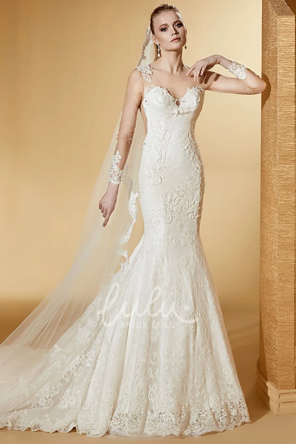 Long-Sleeve Mermaid Lace Wedding Dress with Court Train and Illusive Design