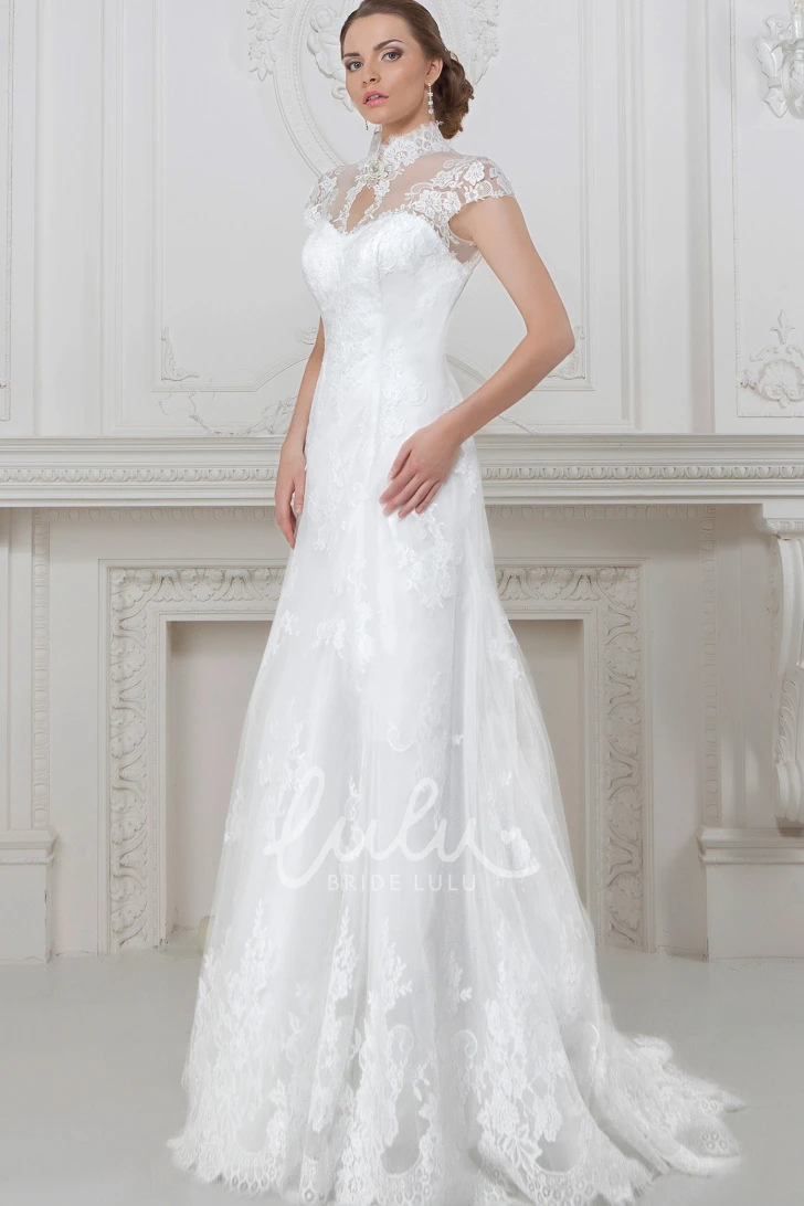 A-Line High Neck Lace Wedding Dress with Corset Back Cap-Sleeves Maxi