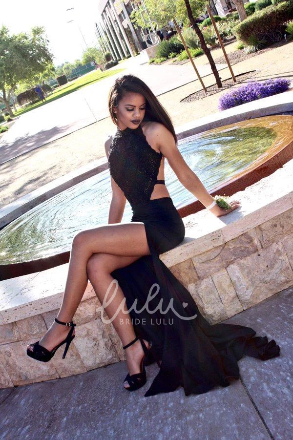 Black Halter Sleeveless Prom Dress Sexy Women's Slit Appliques