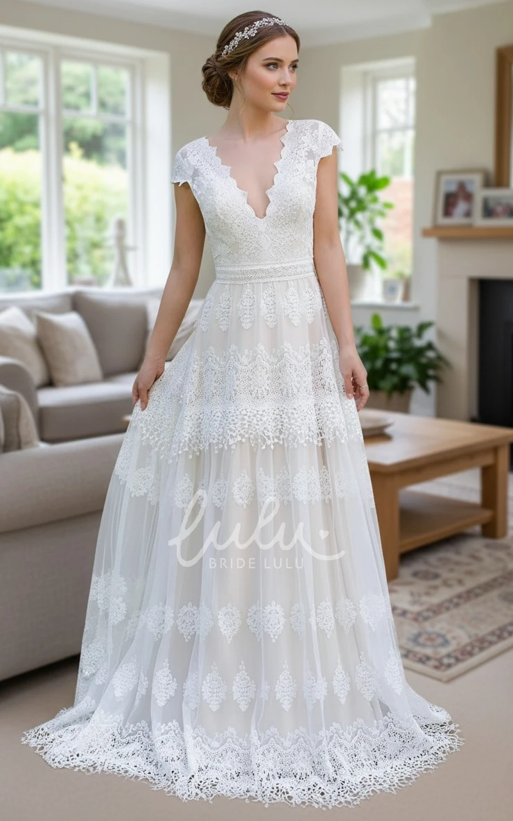 Vintage Bohemian Lace Beach Cap Sleeves Wedding Dress Romantic Country A-Line Open Back Deep V Neck Bridal Gown