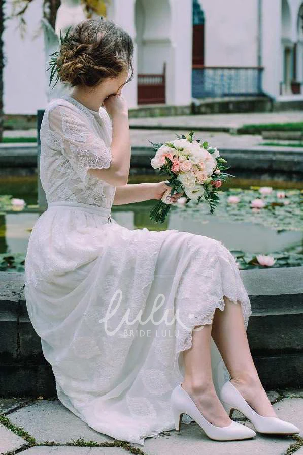 Illusion Chiffon Lace Wedding Dress with High Neck and Half Sleeves