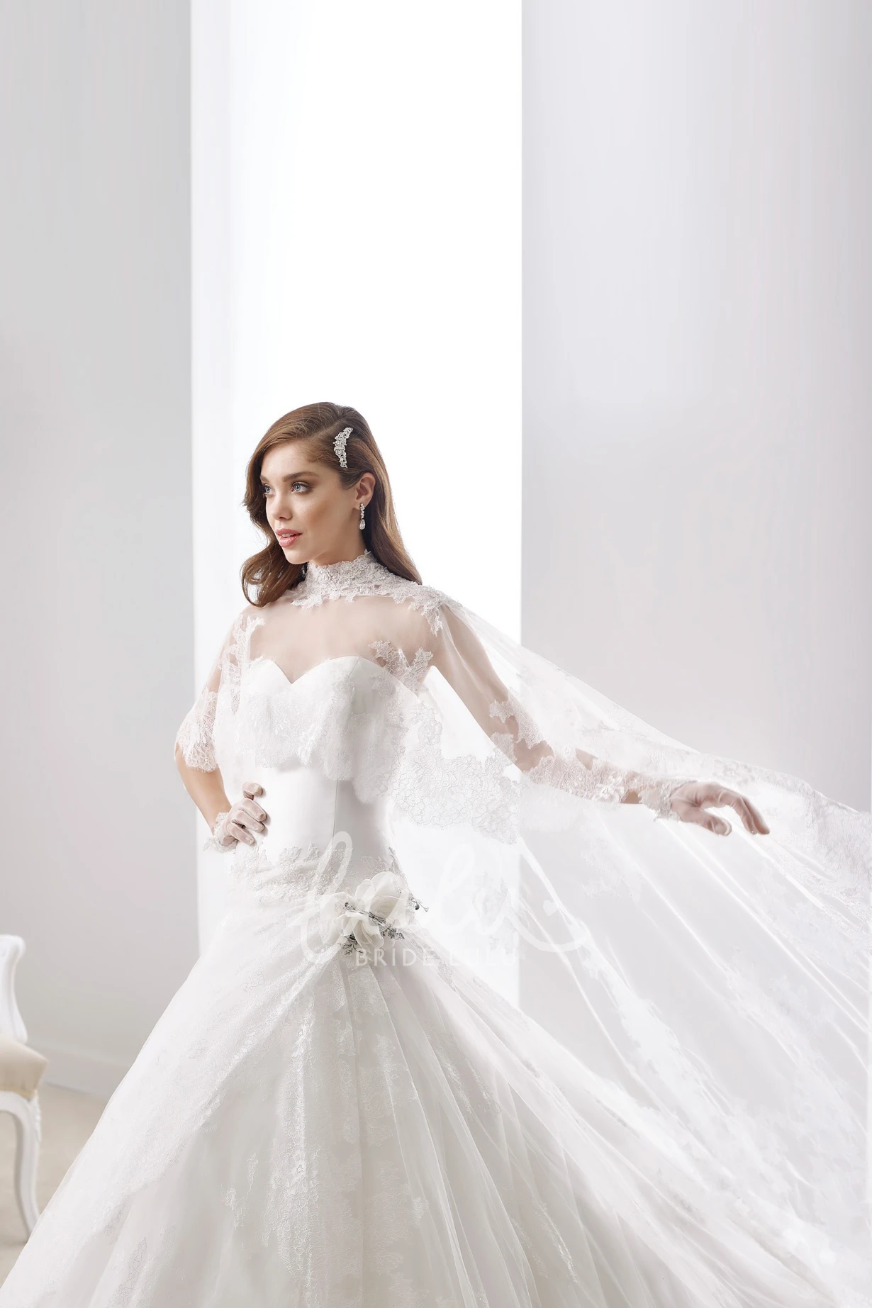 Side Floral Ruffles High-Neck Cape-Train A-line Wedding Dress