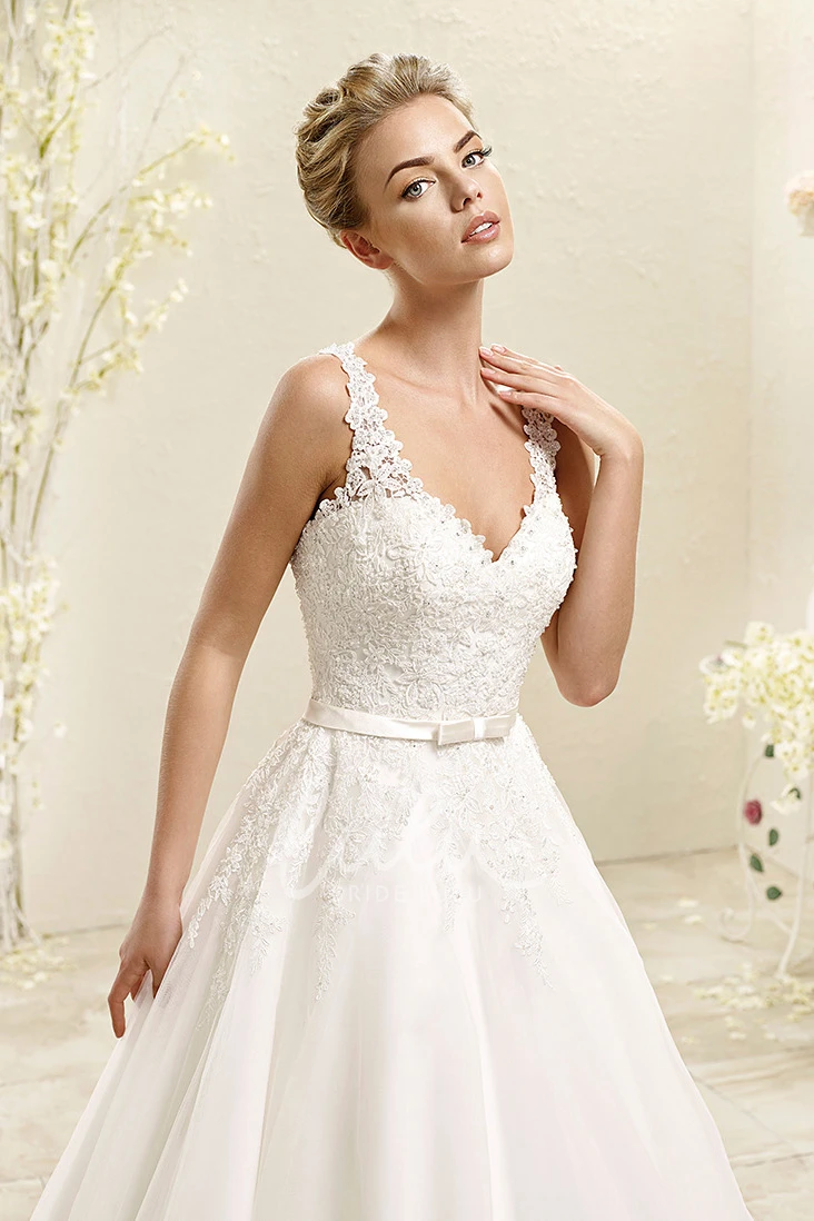 V-Neck Appliqued Wedding Dress A-Line Style
