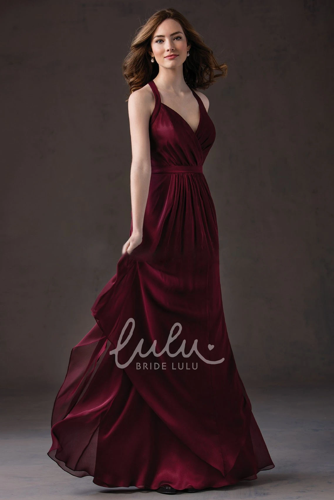 Long V-Neck Pleated Gown with Keyhole Bridesmaid Dress