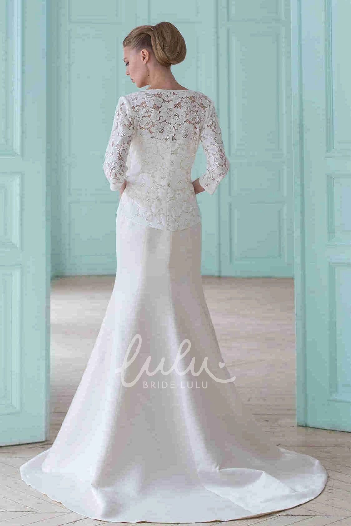 Satin&Lace Square-Neck Sheath Wedding Dress with Broach and Illusion Modern Bridal Gown
