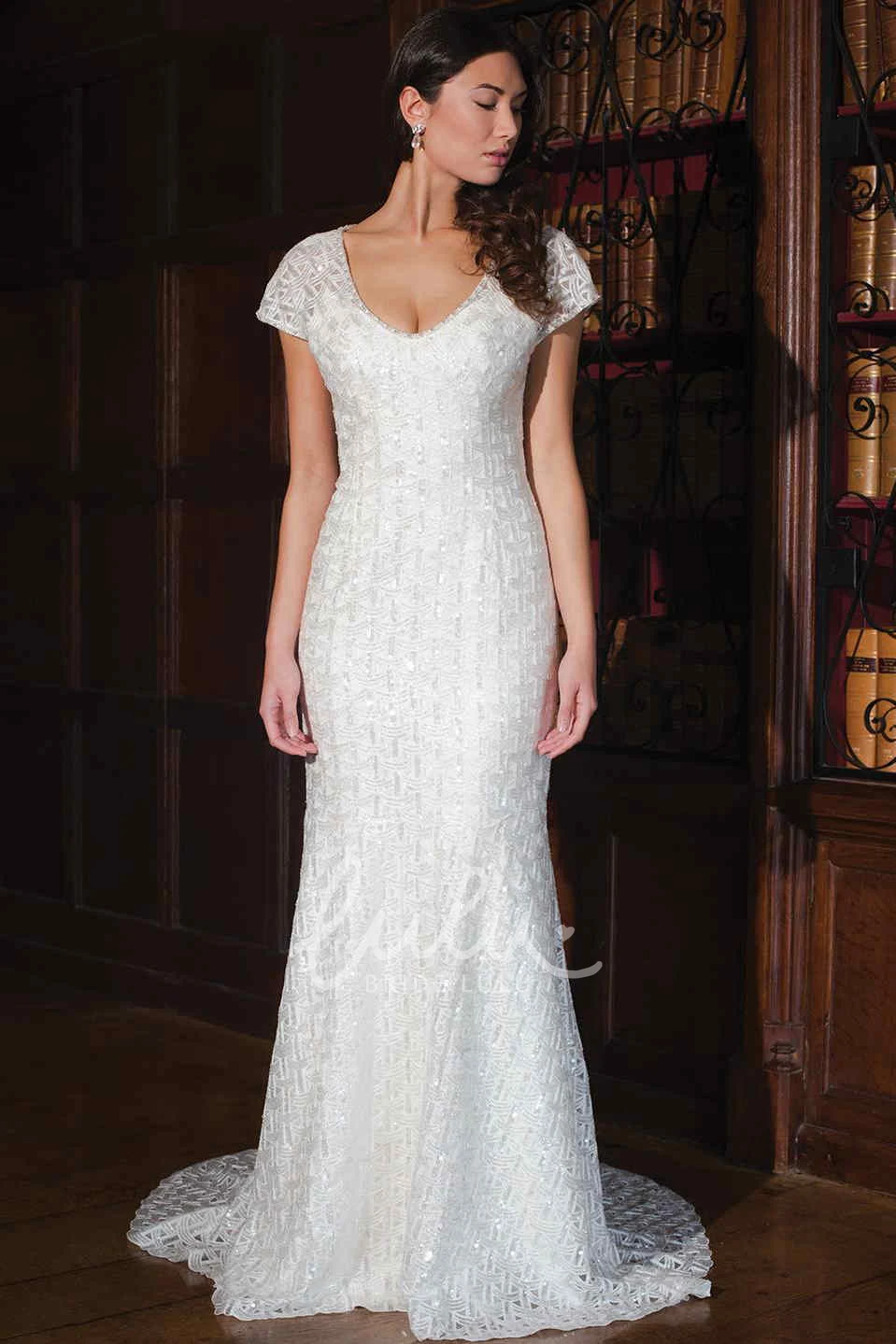 Lace Sheath Wedding Dress with T-Shirt Sleeves V-Neckline Beading and Keyhole