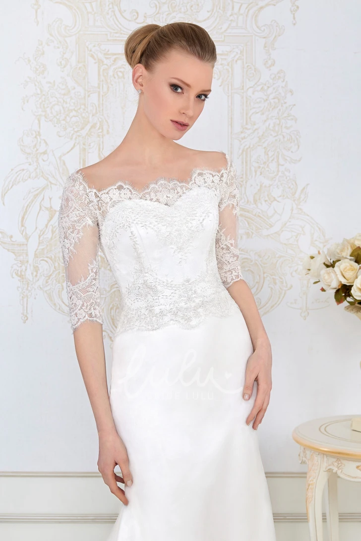 Half-Sleeve Lace and Satin Sheath Wedding Dress Floor-Length and Bateau-Neck