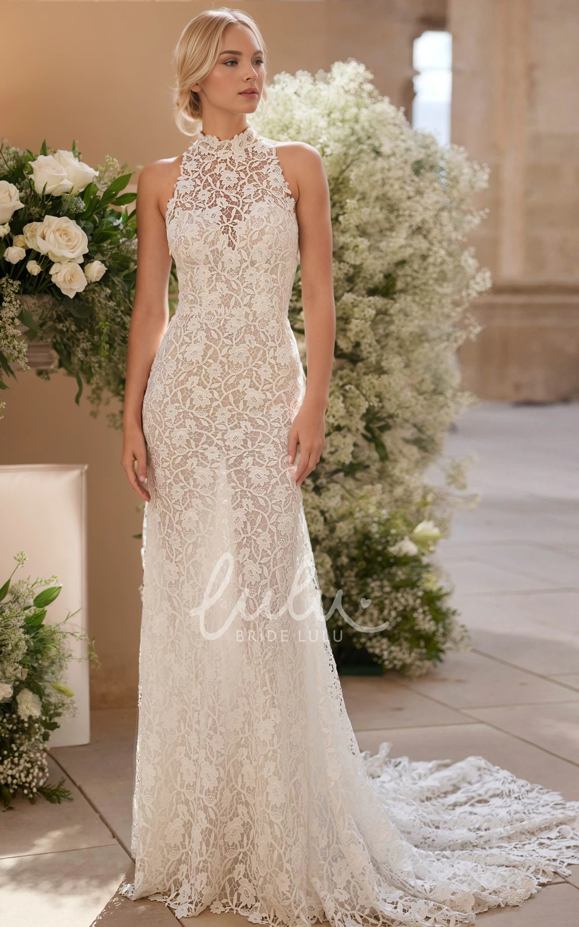 Vintage Romantic Mermaid Sleeveless Jewel Neck Flowers Lace Wedding Dress Elegant Sexy Floor-length Backless Bridal Gown with Train Button