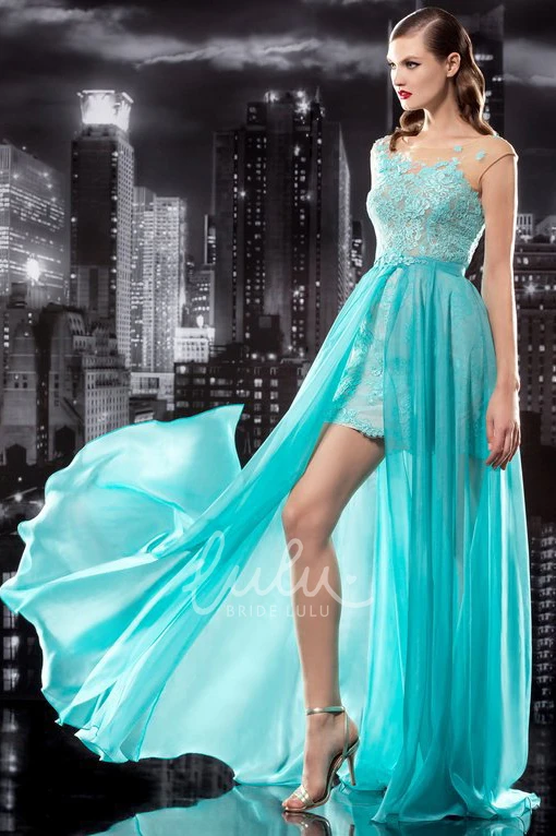 Long Chiffon Scoop-Neck Cap-Sleeve Bridesmaid Dress with Lace Pleats and Low-V Back