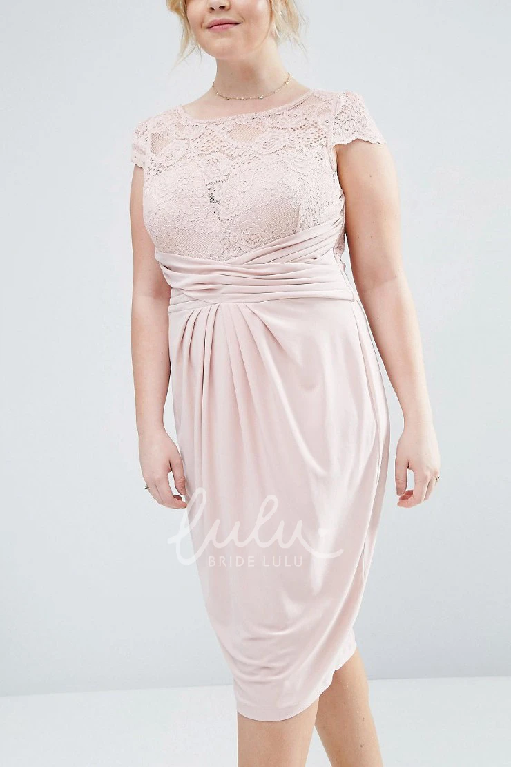 Knee-Length Cap-Sleeve Ruched Chiffon Bridesmaid Dress with Illusion Elegant Bridesmaid Dress