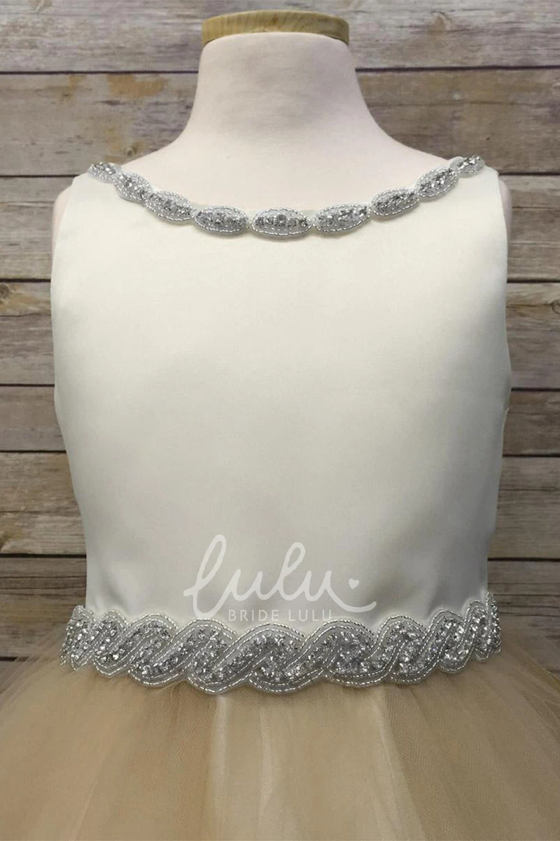 Beaded Tulle Tea-Length Flower Girl Dress with V-Neck