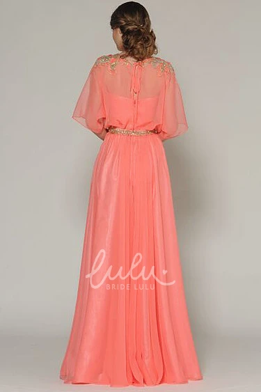 Long Jeweled Prom Dress with Bat-Sleeve and Pleats