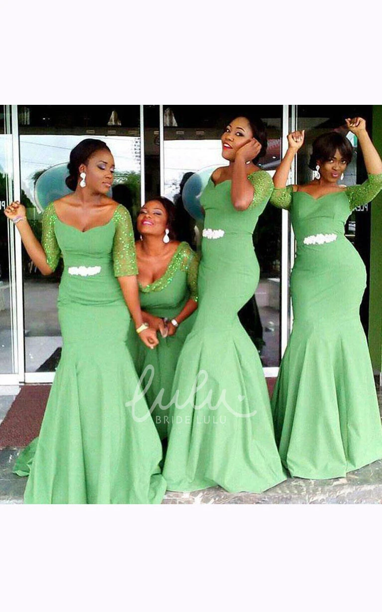 Sweetheart Trumpet Beaded Chiffon Lace Bridesmaid Dress with Half Sleeves