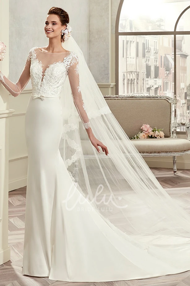 Sheath Wedding Dress with Lace Bodice Satin Skirt and Long Sleeves