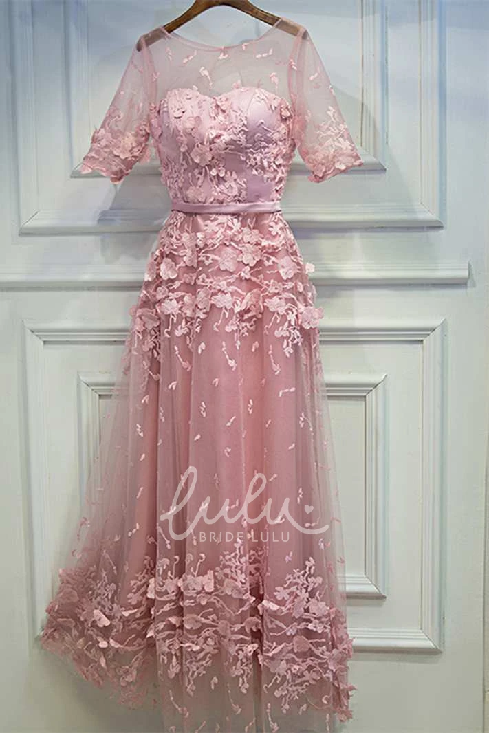 A-Line Lace Dress Half Sleeve Scoop Neck with Sash