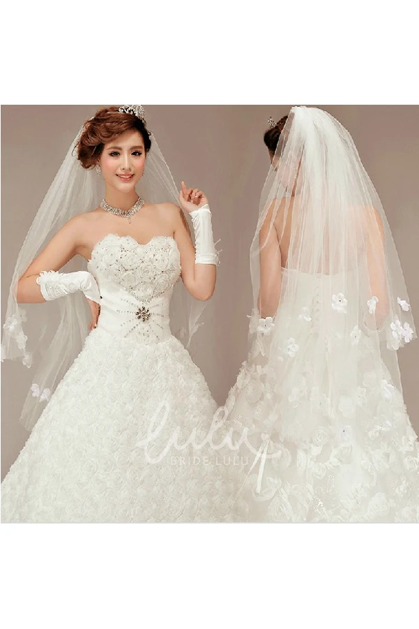 Flower Applique Tulle Wedding Veil Double Layered