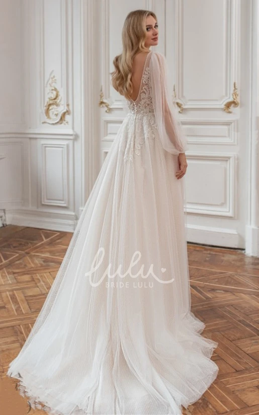 Charming Tulle Plunging Neck Wedding Dress with Appliques and Train A-Line Wedding Dress