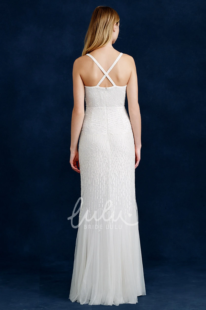 Tulle Beaded Sheath Wedding Dress with V-Neck Sleeveless Design and Tiers