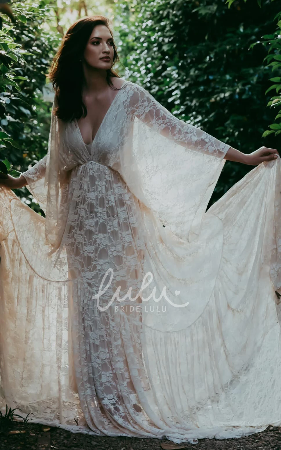 Sexy Lace Plunging Neckline Wedding Dress A-Line Open Back Beach Bridal Gown