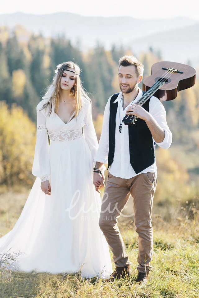 Bohemian Plunging Chiffon Wedding Dress with Lace Details Long Sleeve Bridal Gown