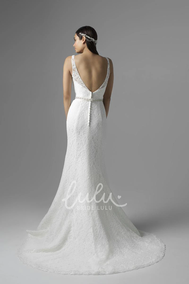 Sleeveless Trumpet Lace Wedding Dress with Waist Jewellery V-Neck Bridal Gown