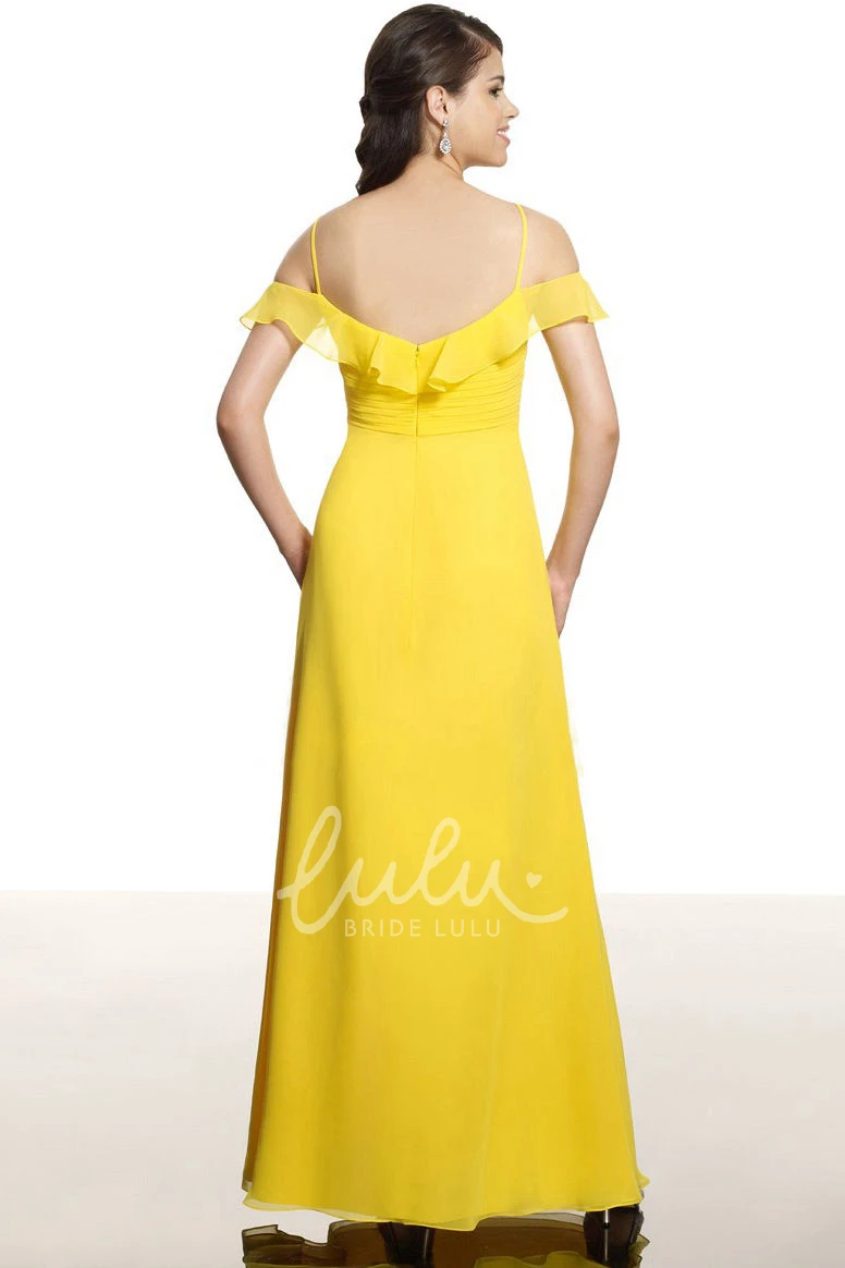 Sleeveless Ruched Chiffon Bridesmaid Dress with Low-V Back Spaghetti Empire Style