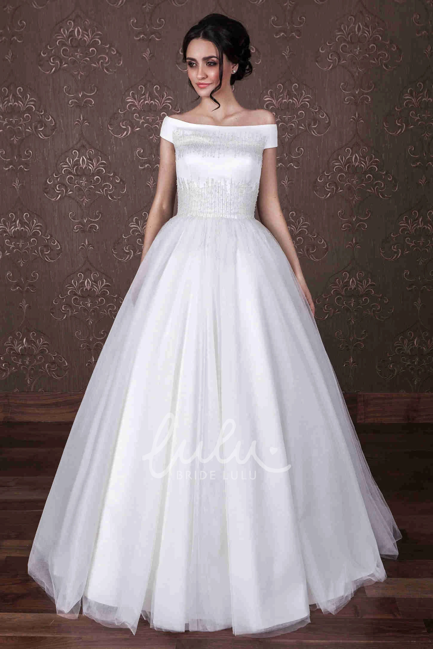 Off-The-Shoulder Tulle Wedding Dress with Beading and Zipper Closure