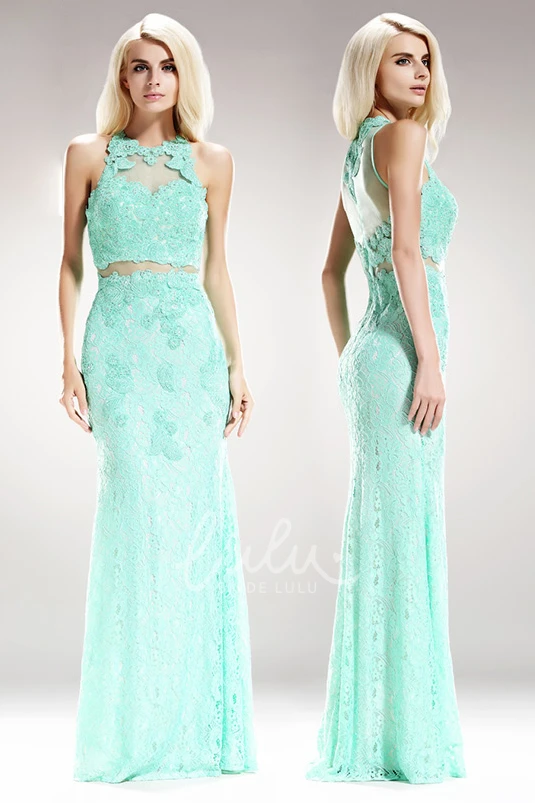Jewel-Neck Lace Illusion Maxi Dress with Appliques and Sleeves