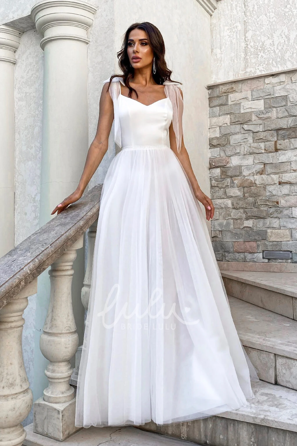 Simple and Cute Satin V-Neck Wedding Dress with Spaghetti Straps
