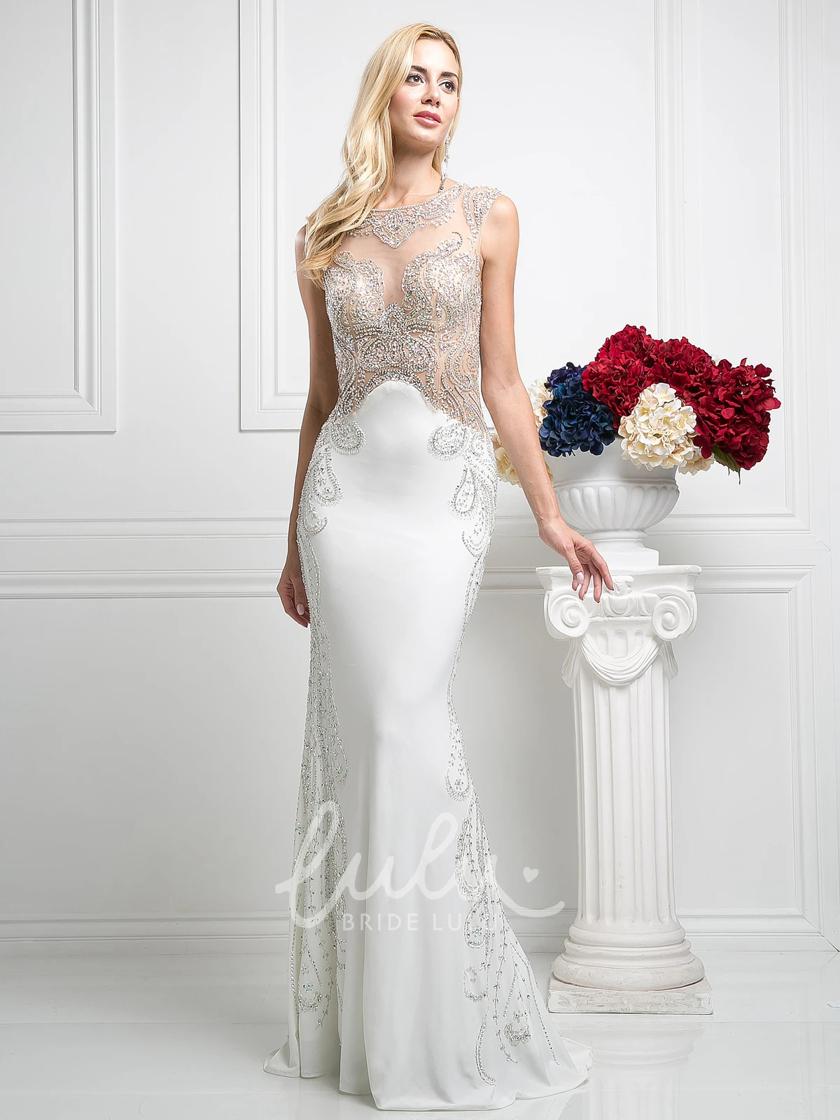 Sleeveless Sheath Jersey Illusion Formal Dress with Beading Bateau Neckline