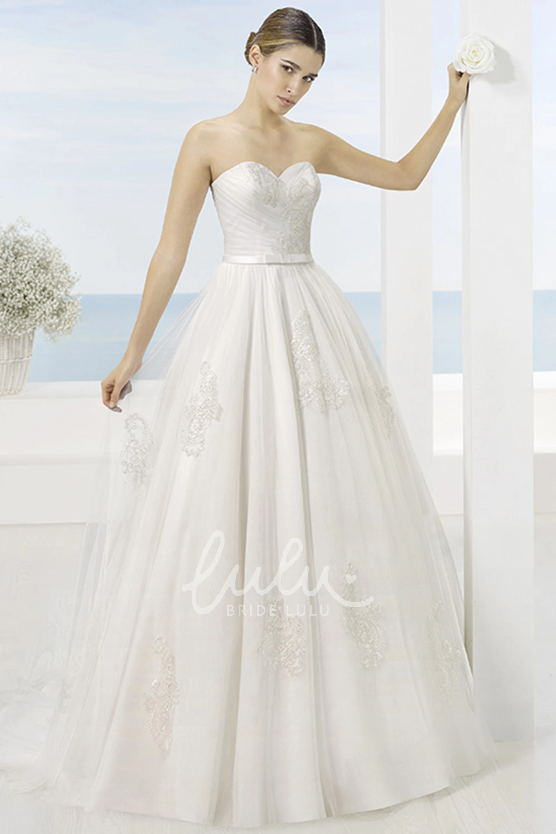 Sweetheart A-Line Tulle Wedding Dress with Criss Cross and Court Train Unique Bridal Gown