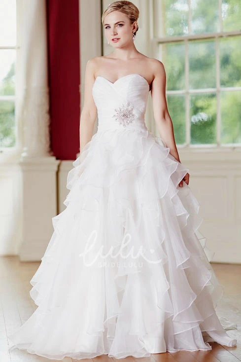 Ruffled Sweetheart Tulle Wedding Dress with Criss Cross and Broach Floor-Length