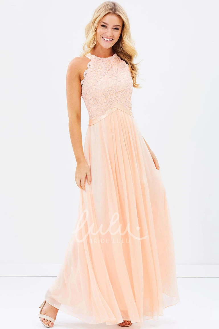 Chiffon Appliqued Bridesmaid Dress with Scoop Neck and Ribbon Sleeveless