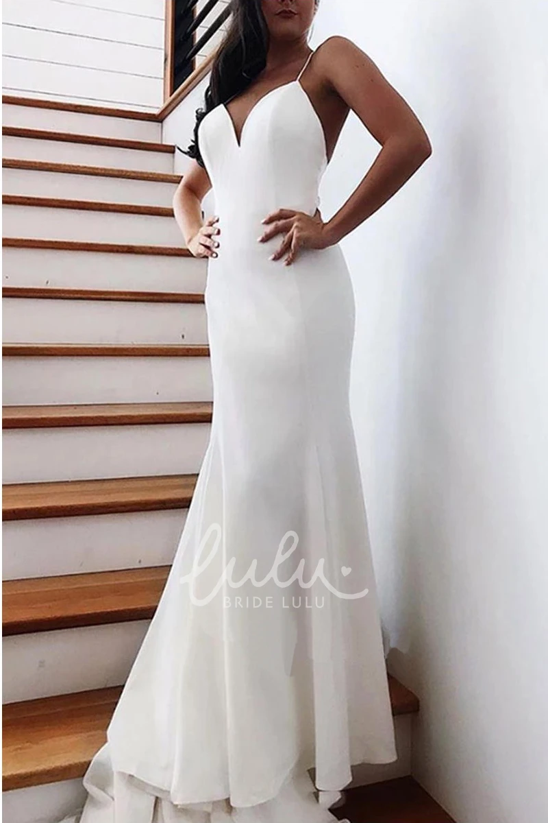 Satin Mermaid Spaghetti Chapel Train Wedding Dress