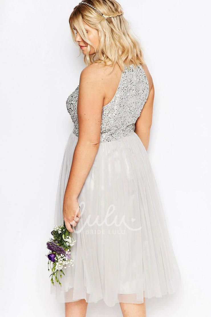 Sleeveless Sequined A-Line Tulle Bridesmaid Dress with Pleats Tea-Length