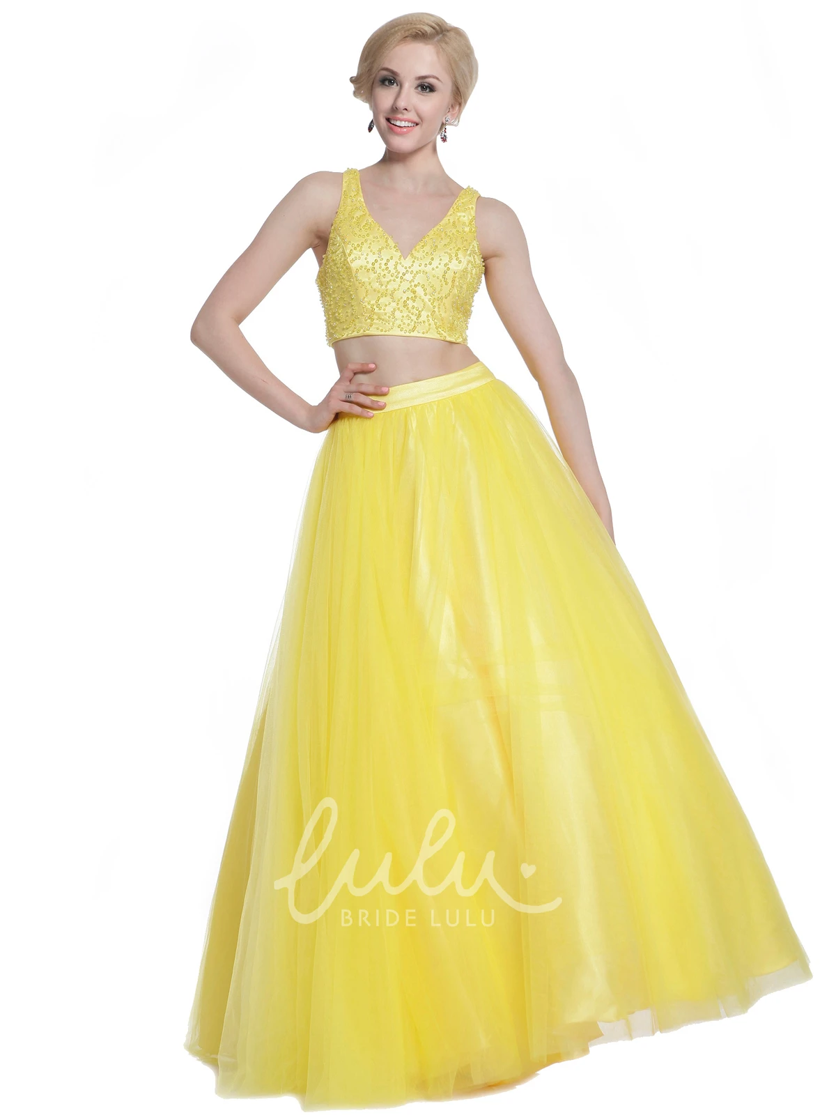 Satin A-Line Dress with Beading V-Neck and Zipper for Formal Guests